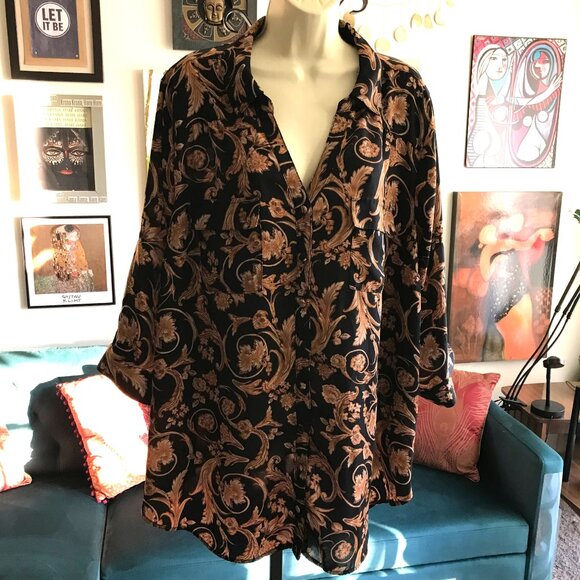 TORRID size 3 Black & Golden Brown Floral Print Georgette Tunic Blouse - Picture 1 of 5